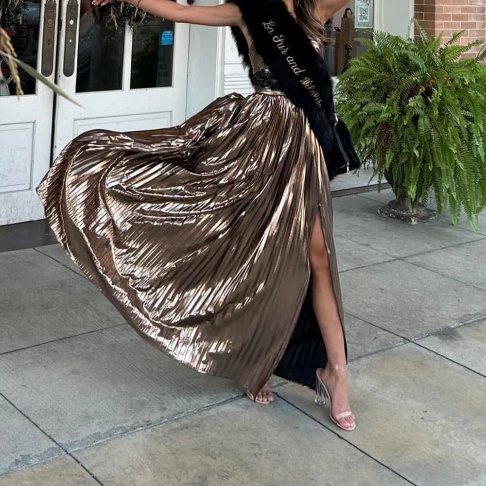 Elegant Metallic Gown with Black Sash
